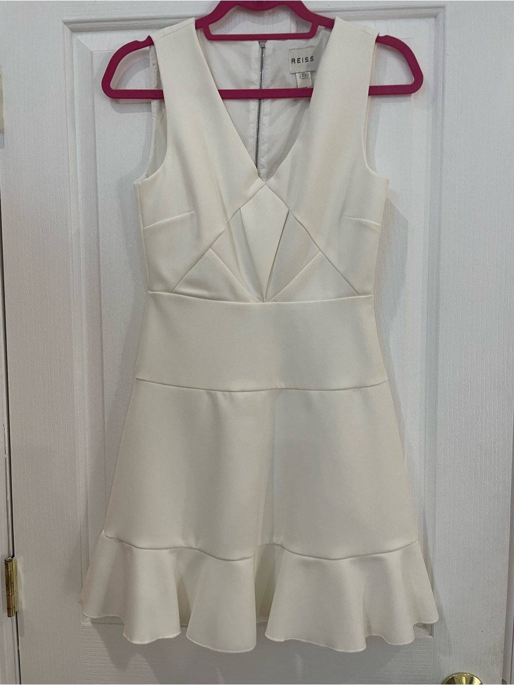 REISS white V-Neck Ruffle-Hem Mini Dress